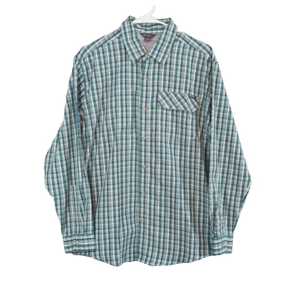Eddie Bauer Men Shirt MEDIUM Button Up Performance Green Plaid Long Sleeve Vents